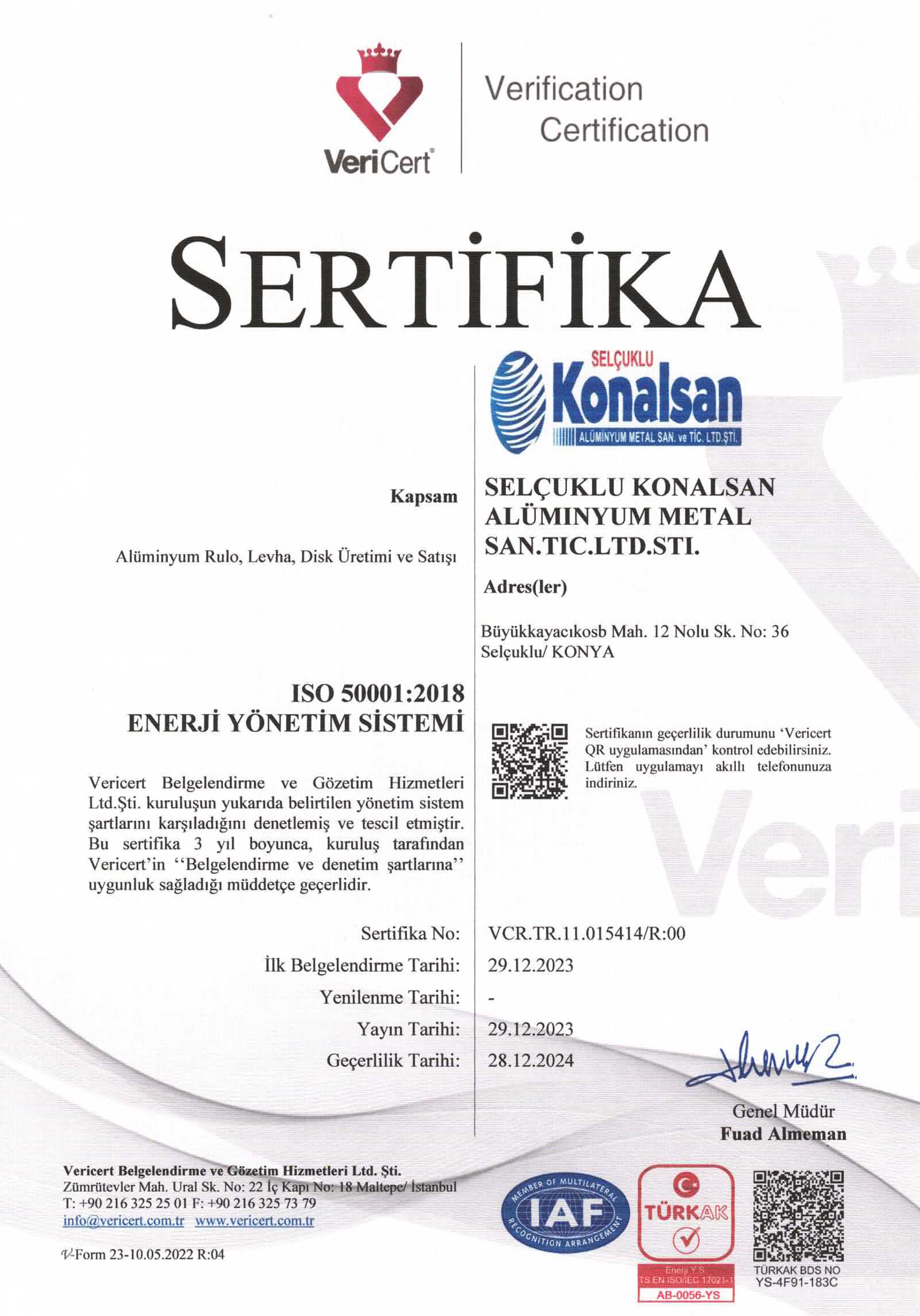 Selçuklu Konalsan ISO 50001:2018 Enerji Yönetim Sistemi Sertifikası