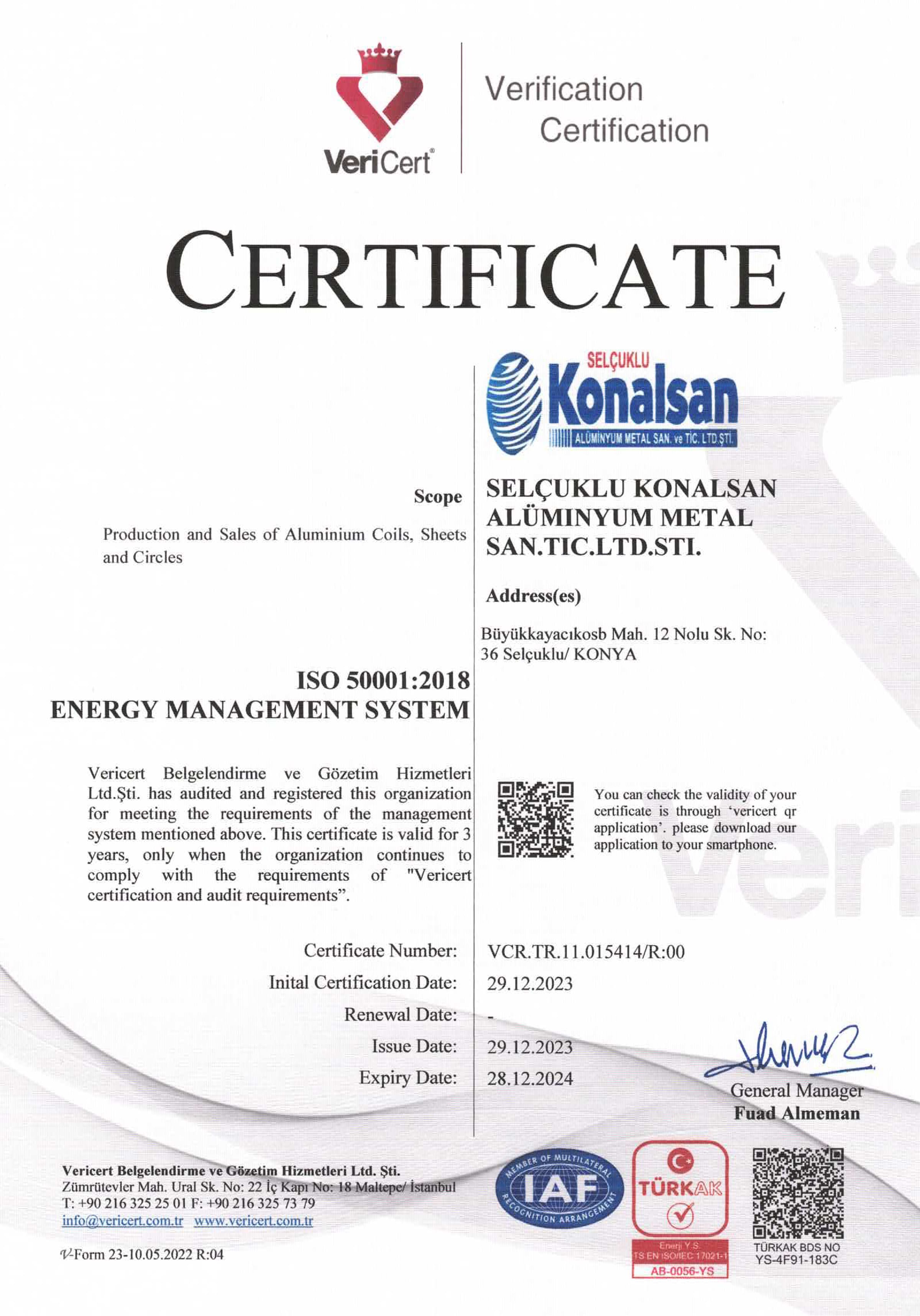 Selçuklu Konalsan ISO 50001:2018 Energy Management System Certificate