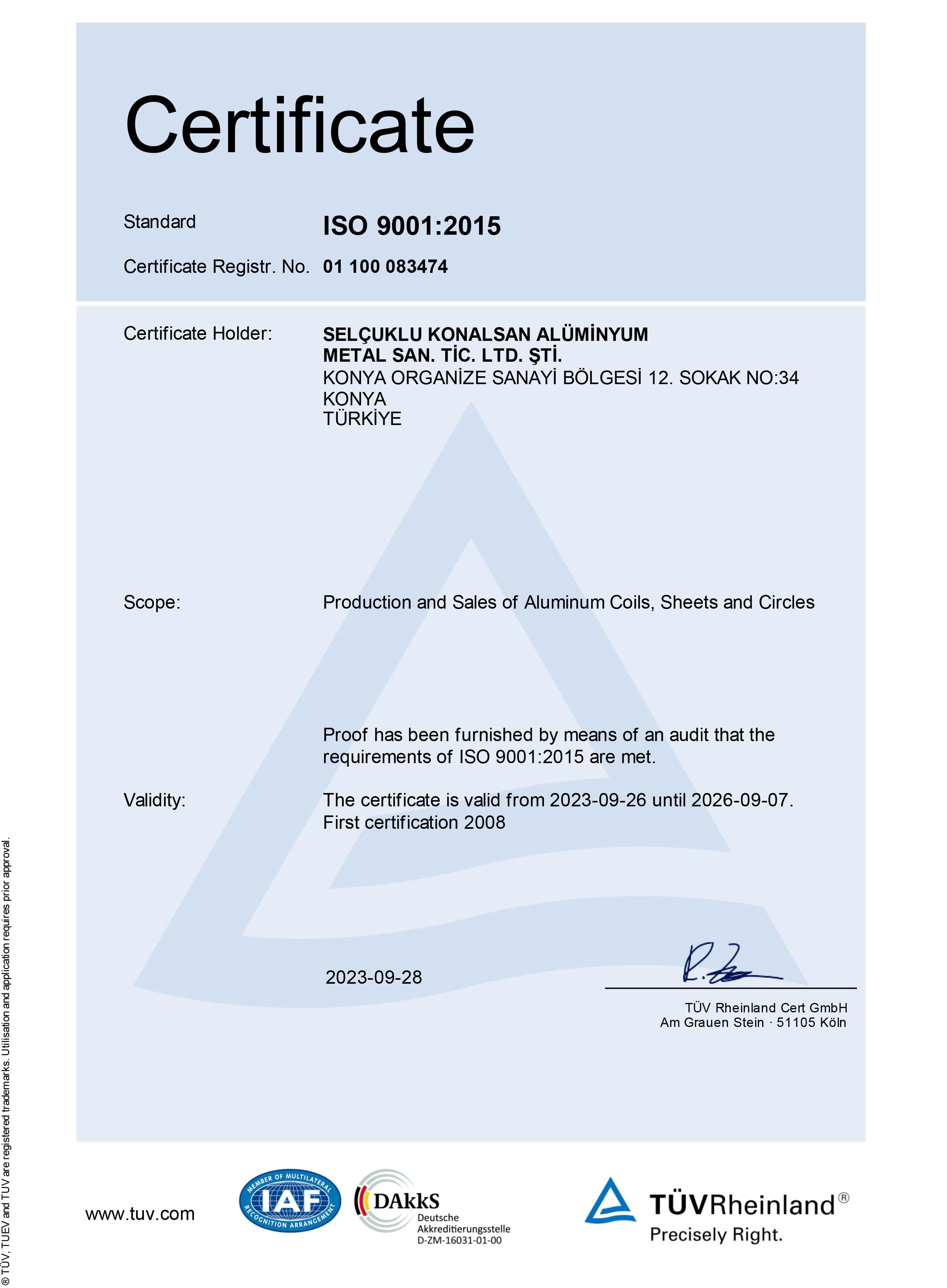 Selçuklu Konalsan ISO 9001:2015 Quality Management System Certificate