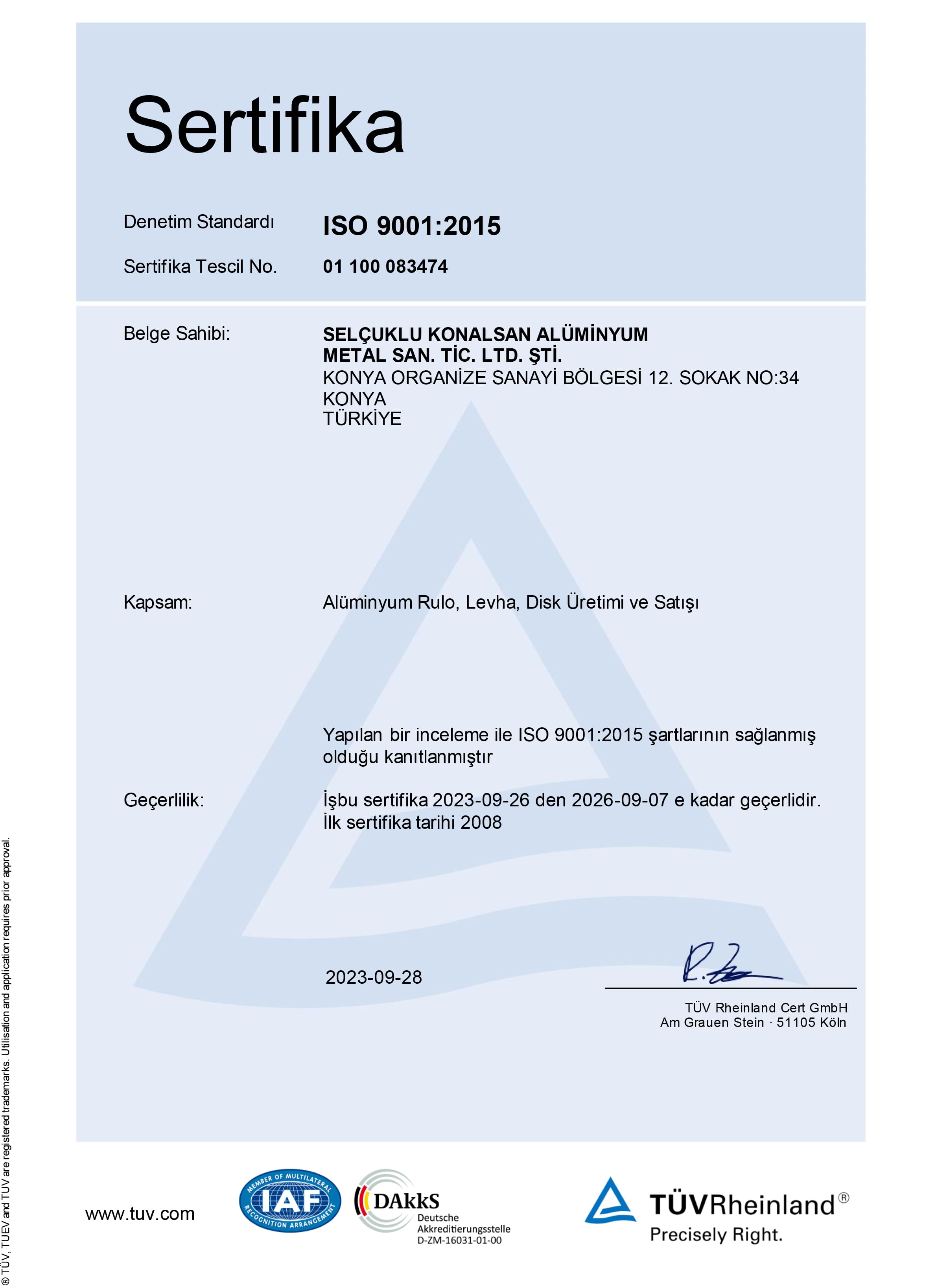 Selçuklu Konalsan ISO 9001:2015 Kalite Yönetim Sistemi Sertifikası